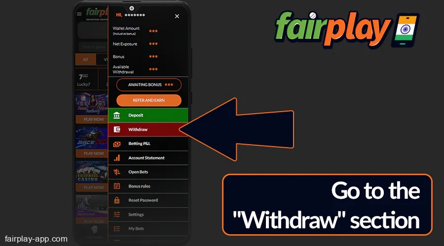 Open the withdrawal page on the Fairplay India platform